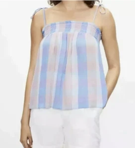 NWT LOFT Plaid Smocked Bow Strap Cami Top - Sky Blue Multi - Size X Large - Picture 1 of 1