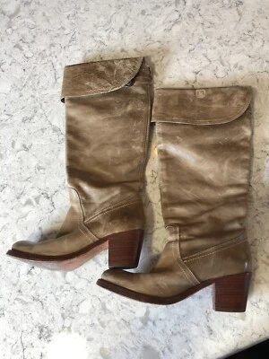Frye Jane Boots Women 7.5 B Tall Cuff Beige Leather Stacked Heels Riding 77594 - Image 1 of 4