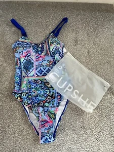 Cupshe Womens Blue & Pink Boho Ruched One Piece Swimsuit Costume S UK 8-10 BNWT - Picture 1 of 9