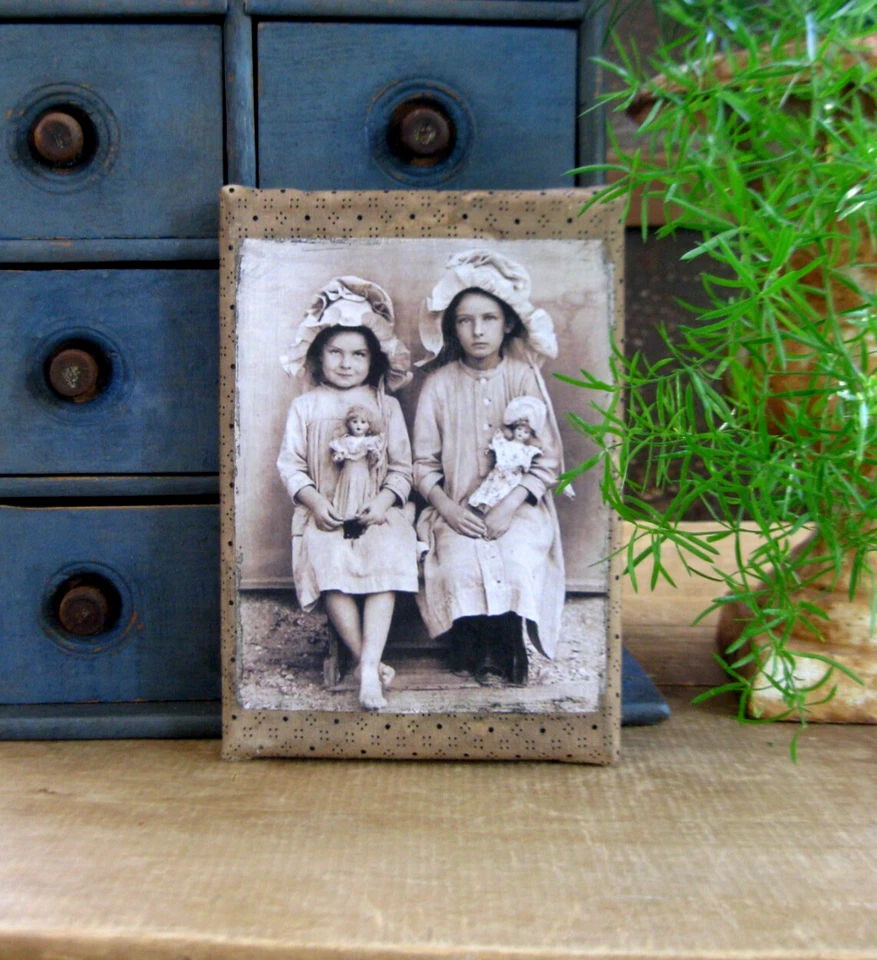 5 x 7 Calico Covered Canvas Old Photo Print Girls w Dolls - Image 1 of 4