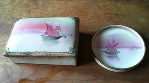 Hand Painted Nippon Noritake Jewlery Box & Ring Holder w/ masted ship - Picture 1 of 6