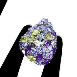 925 Anillo Plata de Ley Ovalado Aguamarina Peridoto Gema Natural Joyería Sz 7.5 - Imagen 1 de 10