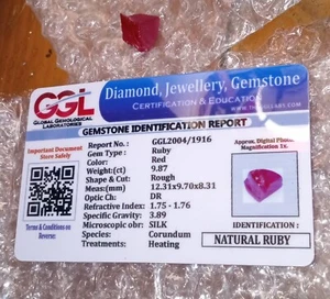 9.87 Cts. Loose Genuine Natural Red Ruby Uncut Rough Madagascar GGL Certified - Picture 1 of 6