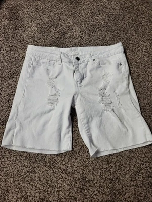 Pantalones Cortos Denim Rojo Remache Blanco Corte Verano Envejecido Largo Largo Foto 1 de 4