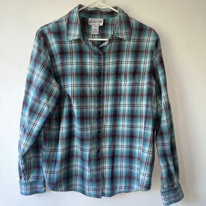 Vintage Pendleton Teal Blue Red Plaid Flannel Shirt w Black Pearl Snaps Sz L - Picture 1 of 5