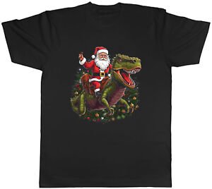 Father Christmas Mens T-Shirt Santa Claus Riding T-Rex Dinosaur Tee Gift