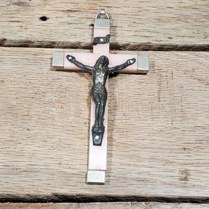 Catholic Pink Silver Tone Jesus Crucifix 4" Used Condition Made In Italy - Picture 1 of 4