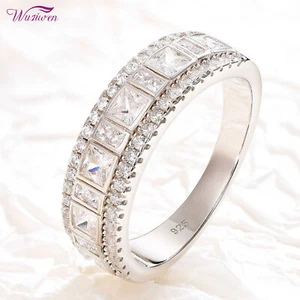 Wuziwen Princess Cut CZ Half Eternity Wedding Band Ring Stackable Silver Ring - Picture 1 of 7