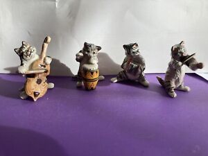 4 Pieces Klima Porcelain Miniature Grey Tabby Cat Orchestra,Band,Musician