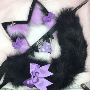 Schwarz Lila Hexe Cosplay Kätzchen Katze Stirnband Ohren Schwanz Halsband Halsband Kostüm - Bild 1 von 2