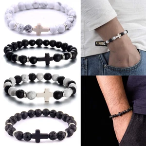 4PCS Cross Beads Bracelet for Men Women 8mm Healing Lava Stone Stretch Bracelets - Picture 1 of 7