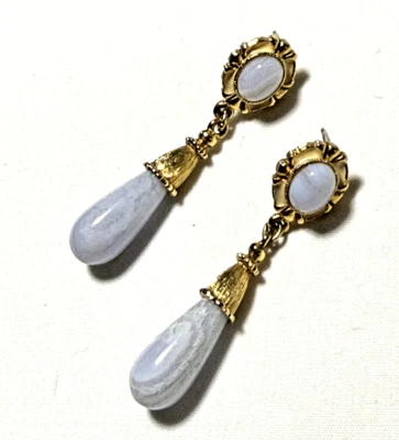 Preciosos Pendientes Colgantes Lágrima Cono Tono Oro Ágata Encaje Azul Foto 1 de 4