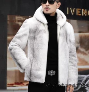 Men's Luxury Nightclub Faux Mink Fur Jacket Coat Hooded Zip Thicken Warm Winter - Picture 1 of 24