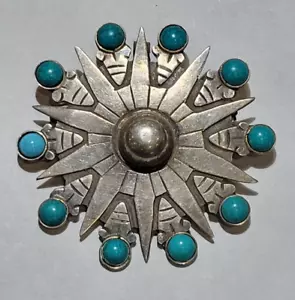 1950 Vintage MMC TAXCO Mexico Sterling Silver Turquoise Starburst Brooch Pendant - Picture 1 of 7