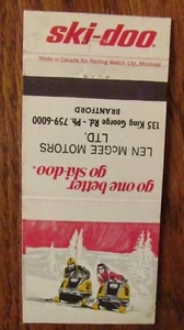 MOTO DE NIEVE 1970 MATCHBOOK: SKI-DOO LEN McGEE MOTORS (BRANTFORD, ONTARIO) -K21 - Imagen 1 de 1