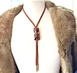 Vintage Hand Carved Maori Moko Tiki Bolo Tie New Zealand Abalone Wood Cord Brass - Picture 1 of 5