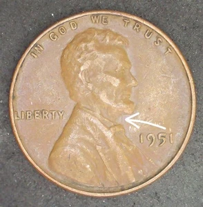 Clashed Die Under Chin Lincoln Wheat Cent 1951 - Picture 1 of 2
