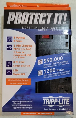 Tripp Lite TLP88USBB Surge Protector 8 Outlets 2 USB Charging Ports 8-Foot Power - Image 1 of 3