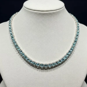 925 Silver Aquamarine Tennis Necklace for Woman, March Birthstone Jewelry, Layer - Picture 1 of 4