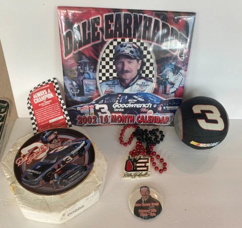 LOT Vintage Dale Earnhardt Sr NASCAR Collectibles Plate 2002 Calendar Pin Ball + Cover