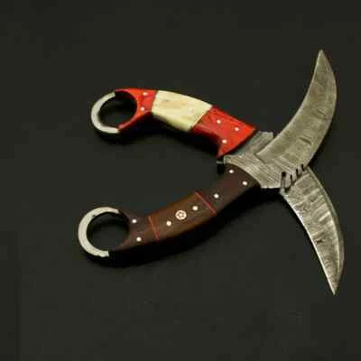 Cuchillo Karambits Hecho a Mano de Acero Damasco Cuchillo Personalizado Cuerno Hueso Funda de Cuero Foto 1 de 4