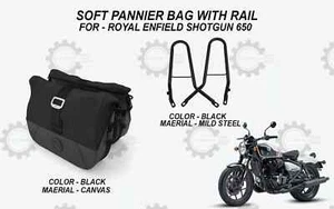 Fit For Royal Enfield "Shotgun 650 Black Soft Pannier Bag Pair With Rail Pair" - Picture 1 of 13