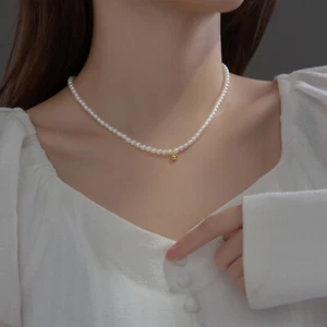 Collana Donna Acciaio Inox Placcato Oro 18K Perle Oro Perline Charm Catena  - Foto 1 di 4