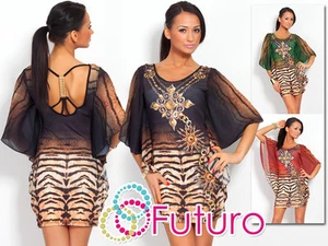 Unique Tiger Pattern Tunic Bat Style Oriental Party Mini Dress Crew Neck FC4052 - Picture 1 of 5