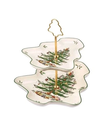 Spode Christmas Tree Appetizer Serving Tray Sculpted 2 Tier Server Cookies Stand - Image 1 of 4
