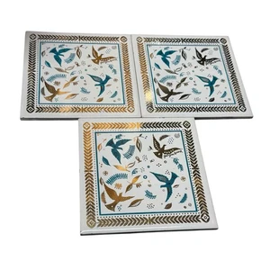 Georges Briard Tiles Gold Teal Birds Ceramic Square Mid Century Modern Vintage 3 - Picture 1 of 11