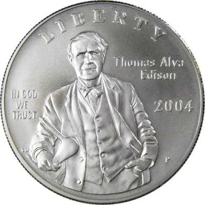 Thomas Alva Edison Commemorative Dollar 2004 P BU Uncirculated Silver - Image 1 of 2