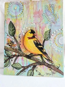 Original Art Mixed Media Yellow Bird 8 X 10” Lots Of Texture NEW - Picture 1 of 9