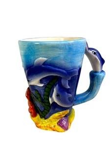 Hand Painted Dolphin Ceramic Mug Colorful 3D Figurine w Dolphin Handle Cup 8 oz. - Picture 1 of 13