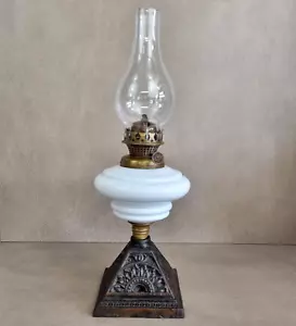 Antique Oil Lamp Single Wick Burner Albion Lamp Co White Glass Cast Iron Base - Picture 1 of 21