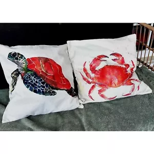 Sea Turtle Crab Throw Pillow Covers Hand Painted Art Decor Sofa Chair Beach READ - Picture 1 of 12