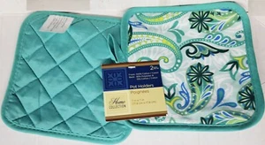 2 Same Kitchen Pot Holders (7"x7") PAISLEY SHAPED FLOWERS with aqua back # 2, GR - Picture 1 of 8