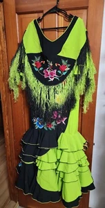 Vintage Paco Alvarez Authentic Flamenco Gypsy Dress Green Black - Waist size 36 - Picture 1 of 11