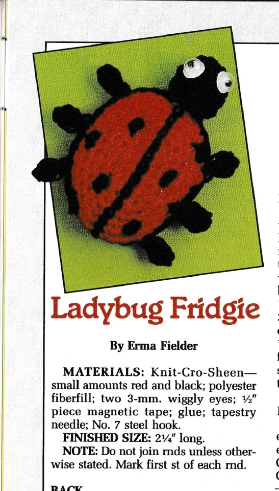 Ladybug Magnet/Fridgie - 2-1/4" long - Worsted yarn - Crochet Pattern ONLY - Image 1 of 1