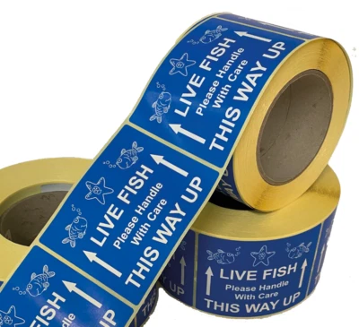 PRICE STICKERS / AUDIOPRINT LTD. LIVE FISH Griff With Care 80 x 100 mm professionell bedruckte Etiketten/Aufkleber