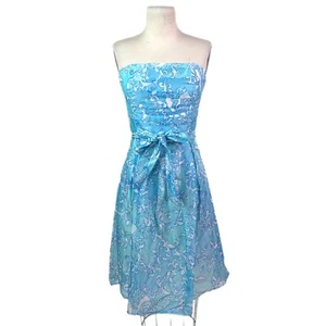 Lilly Pulitzer Blue & White Cotton Silk Floral Print Strapless Dress Belted Sz 6 - Picture 1 of 15