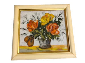 Vintage 1970's Textured Sand Floral Design on Marble 7 X 7 Tile Celluloid Frame - Picture 1 of 9