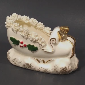 Soporte de bastón de caramelo trineo de Navidad Napco maceta de cerámica borde de espagueti de colección - Imagen 1 de 22