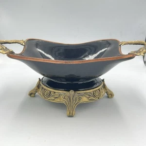 Vintage Hollywood Style Black Ceramic Compote Bowl w Ornate Brass Handles & Base - Picture 1 of 14