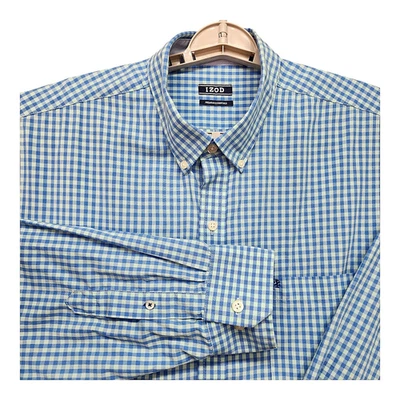 Camisa social masculina IZOD Premium Essentials GRANDE azul xadrez botão para baixo trabalho pai - Imagem 1 de 4