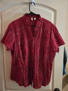 St. John's Bay Red Crinkly Blouse Womens 3x floral Embroidery Bold Breathable - Picture 1 of 7