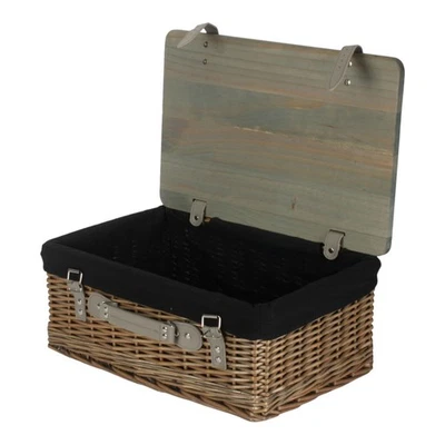 36cm Antique Wash Black Lined Willow Empty Picnic Basket with Pinewood Lid - Image 1 of 4