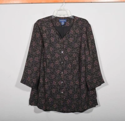 Blusa Camisa Vintage Charter Club Mujer Negra Paisley Abotonada Talla Grande 18W Foto 1 de 3