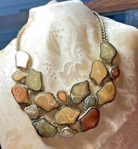 Signed C Charming Charlie Glass Swirl Panel Necklace 21" adjustable Brown Green - Picture 1 of 8