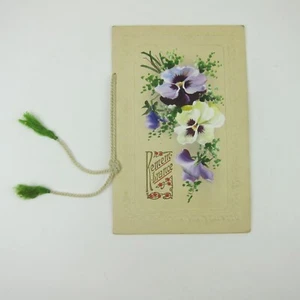 Victorian Christmas Card Remembrance Pansy Flowers Purple Embossed Booklet Style - Picture 1 of 18