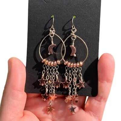 Brincos de lua e estrela de hematita revestidos de ouro rosa presente celestial para joias de esposa - Imagem 1 de 4